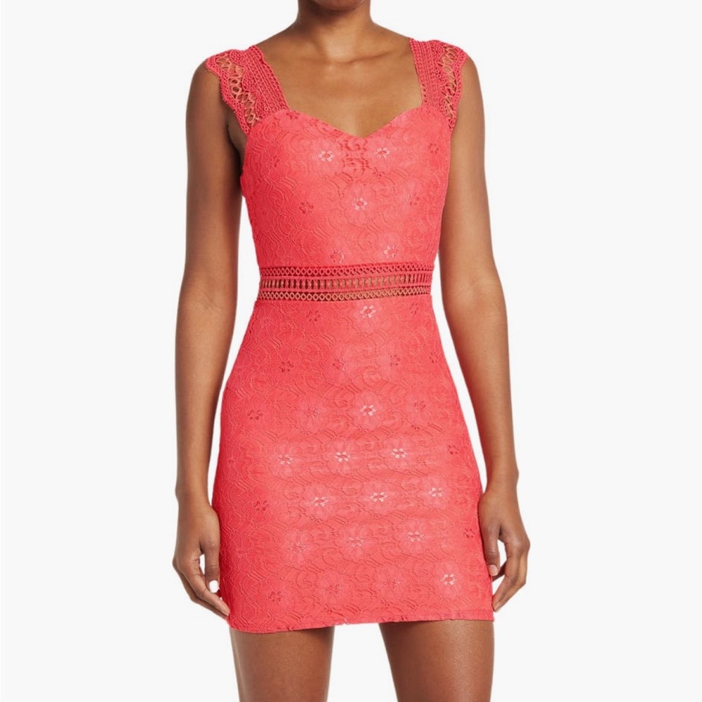 NWT NSR Fitted Sweetheart Stretch Knit Elegant Lace Dress in Coral
